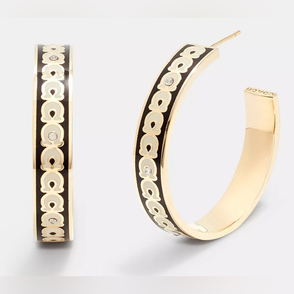 NWT Coach Large Signature Black and White Enamel Hoop Earrings w/ rhinestones